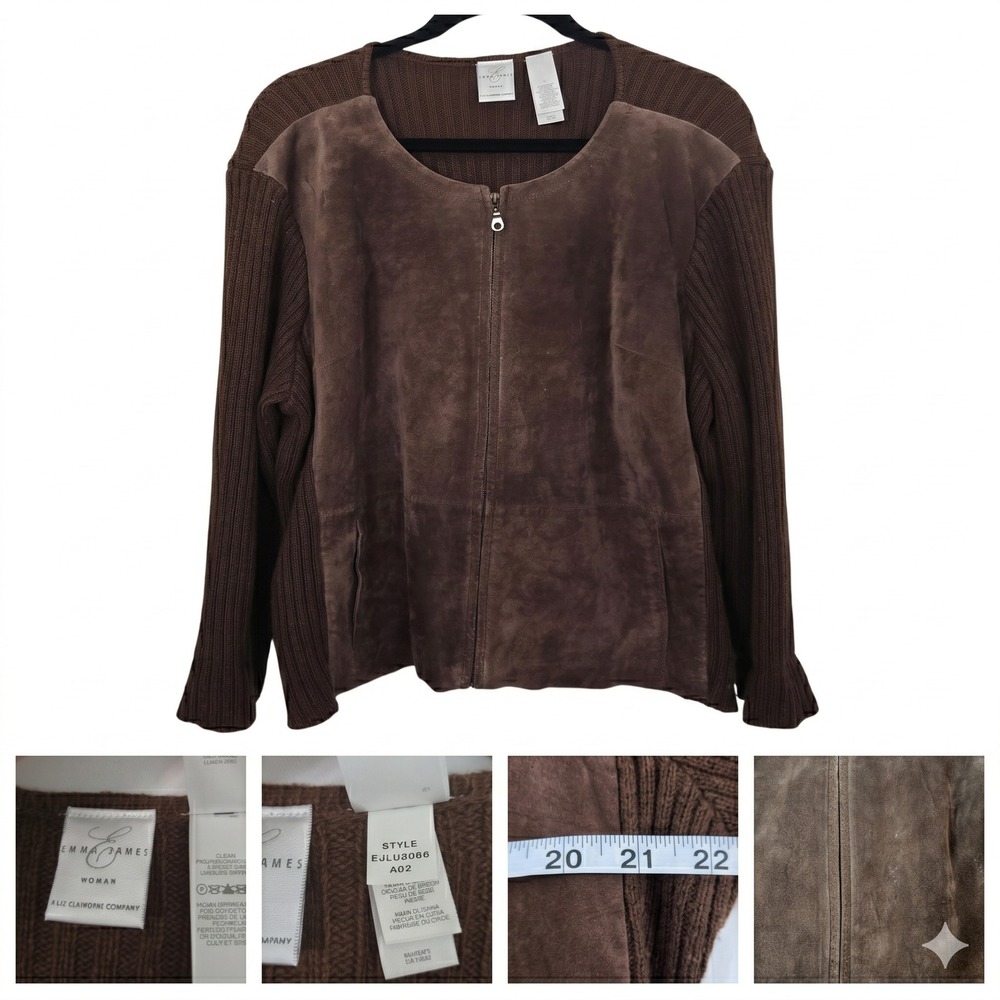 Emma James Vintage Suede Knit Cardigan Sweater 1XL Brown Zip Up Y2K‎ Cabincore